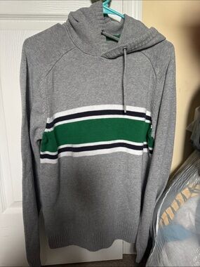 urban pipeline Gray Hoodie Sweater with Green and White Stripes